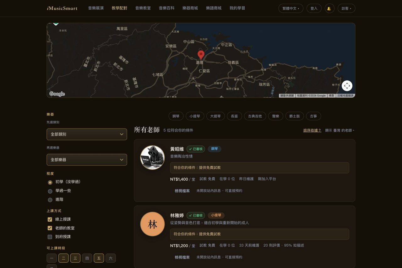 教學配對。左欄是樂器、程度、上課方式與時段的篩選,右邊是地圖與教師卡片;入口用選單而不是搜尋框,因為這一步使用者通常不知道要打什麼字。